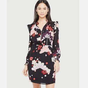 Ann Taylor Floral Ruffle Dress Small Petite High Neck Lined Feminine Office Work